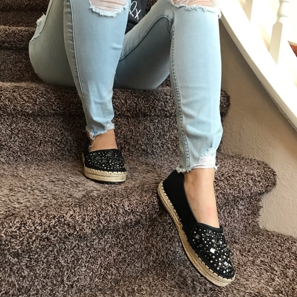 Shoes | Black Vegan Leather Platform Slipons Espadrilles | Poshmark